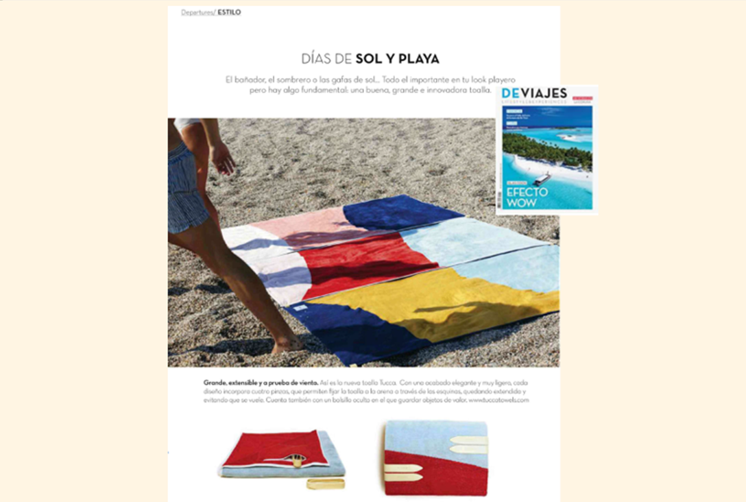 Large beach towels connected creating a big surface on the beach. Luxury beach towels shown in our Deviajes Magazine